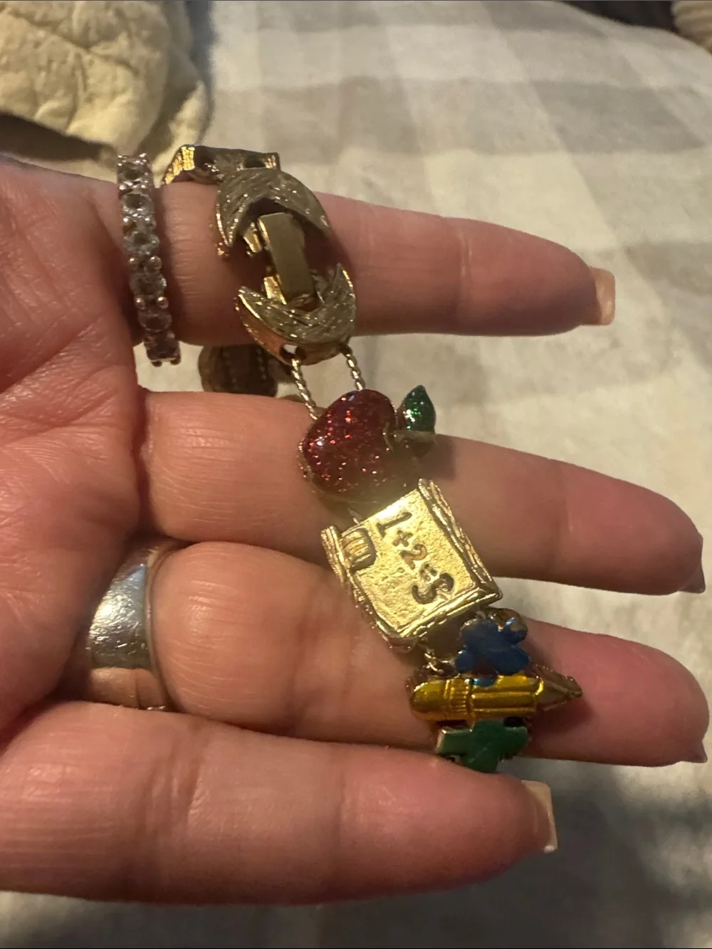 Vintage School-Themed Charm Bracelet with Glitter Apples